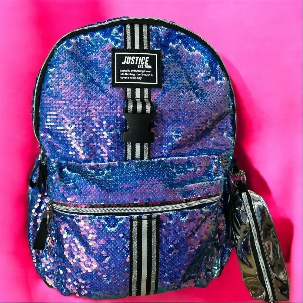 Justice Girls Large Pink Blue Sequin Backpack Multicolor Front Zipper Pocket